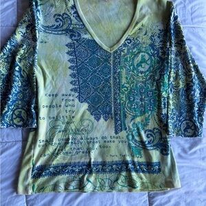 Elegant V-Neck Long Sleeve Top - Blue and Green